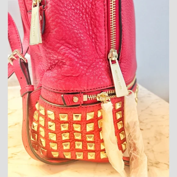 Michael Kors Rhea Studded Backpack In Pebbled Red Leather. - Picture 3 of 7